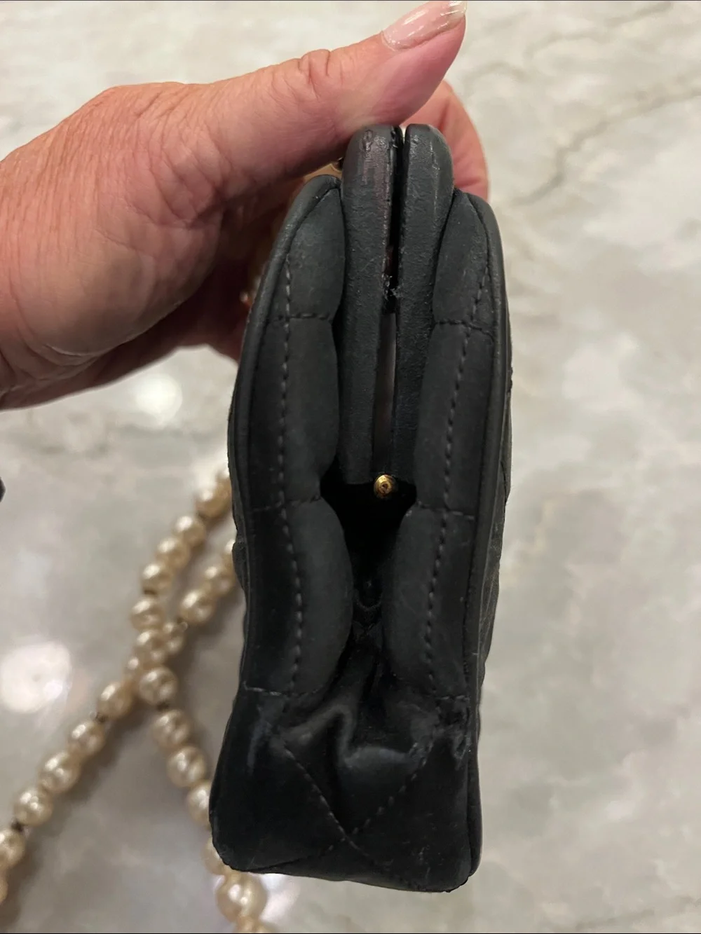 Black Satin Authentic Chanel Evening Bag with faux pearl strap.